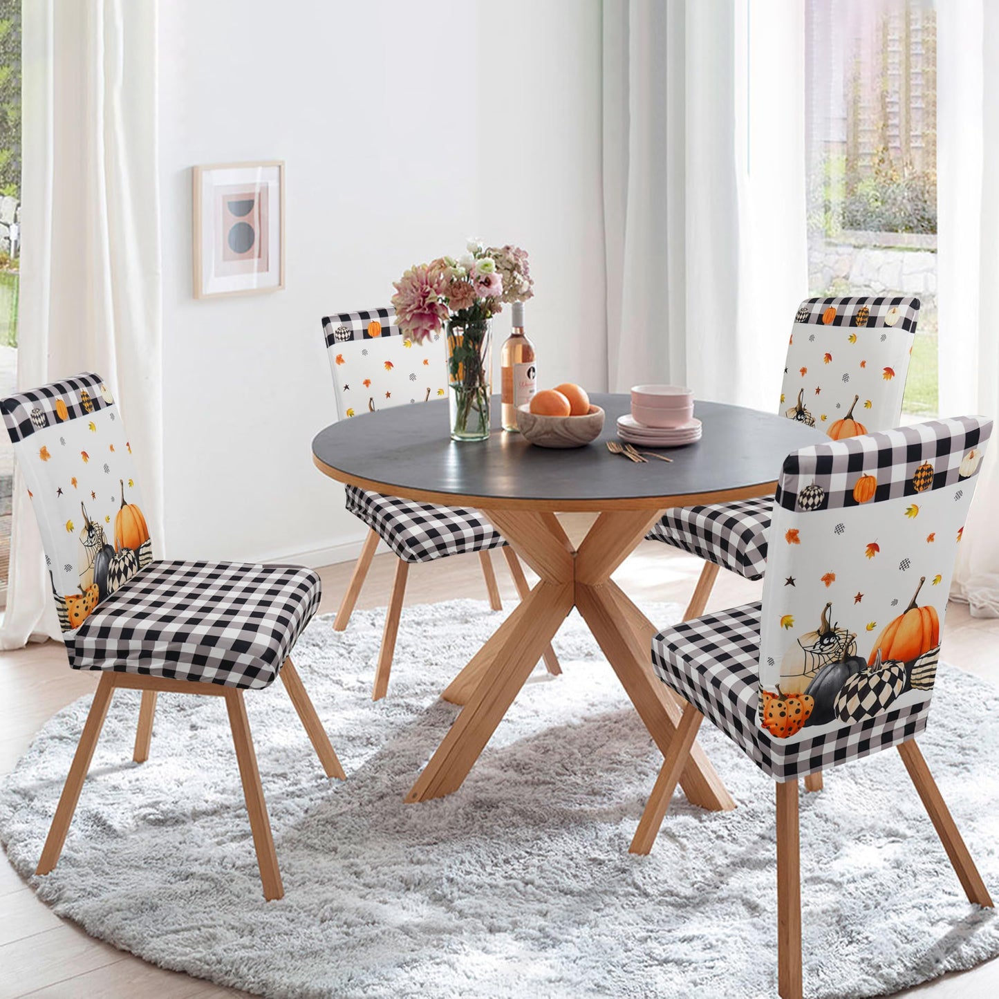Wscdovf Halloween Chair Covers Set of 6, Fall Pumpkin Black/White Buffalo Plaid Chairs Slipcover for Dining Room, Removable Washable Breathable Cover in The Kitchen Restaurant Holiday Decor