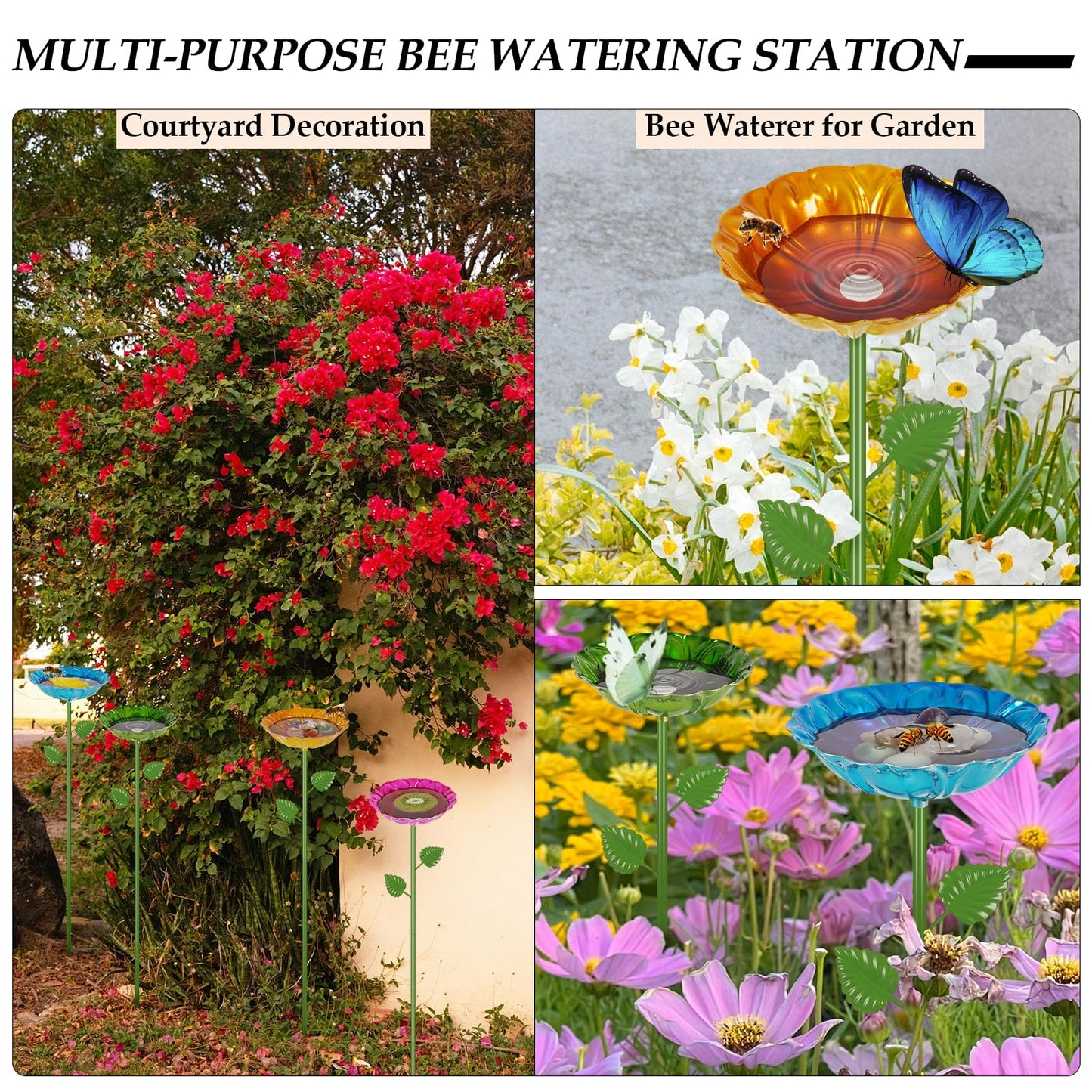 Bee Watering Station | 4 Pack Bee Baths for Garden | Metal Flowers Decorative Garden Stakes | Butterfly Feeder for Outside Garden Yard Decor (Red,Green,Blue,Yellow)