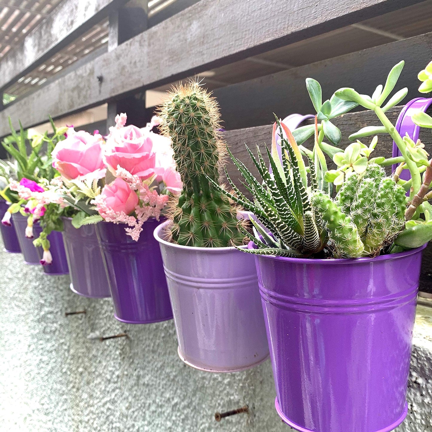 LaLaGreen Hanging Planter Outdoor - 10 Pack, 4 Inch Fence Planters Outdoor Purple Hanging Window Flower Bucket Metal Succulent Pots Balcony Railing Wall Garden Deck Porch Herb Plant Macetas Exterior