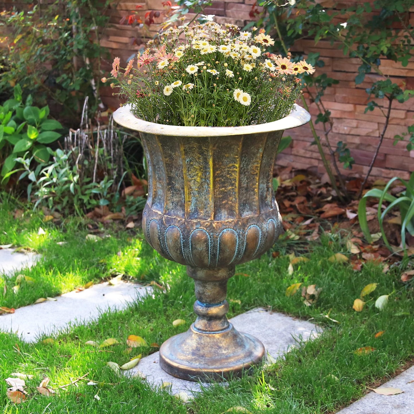 Worth Garden 24.5" H. Metal Urn Planters 2-Pack - Bronze Classic Antique Iron Plant Pots - Large Decorative Rustic Flower Pots for Outdoor Use - Traditional Urn Planter for Patio, Front Porch