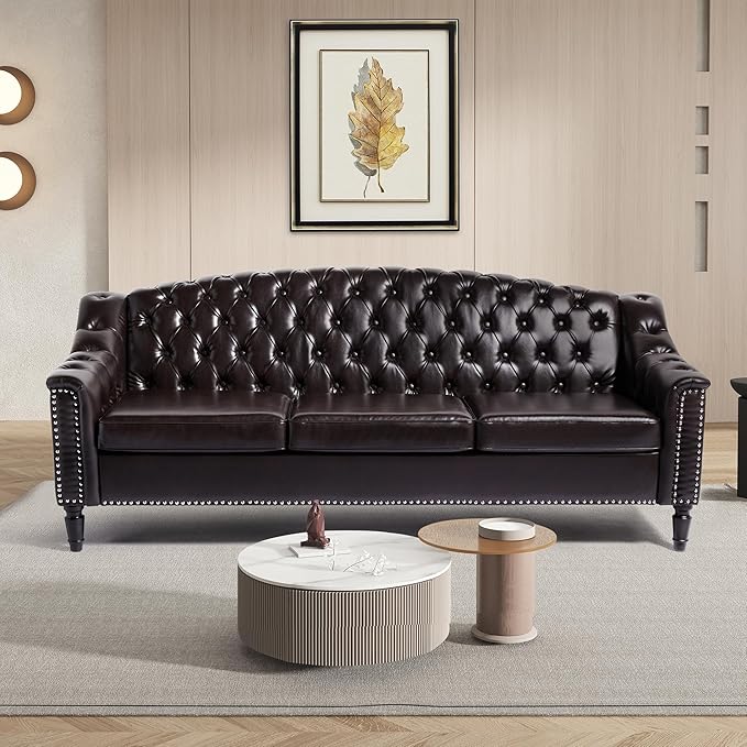 LEVNARY Mid-Century Modern Leather Couch, Chesterfield Sofa Sleeper Settee