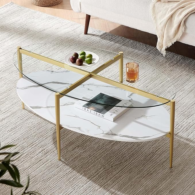 LumFurn Oval Glass Coffee Table, Mid-Century Modern Design, L43 x W22 x H17 inch