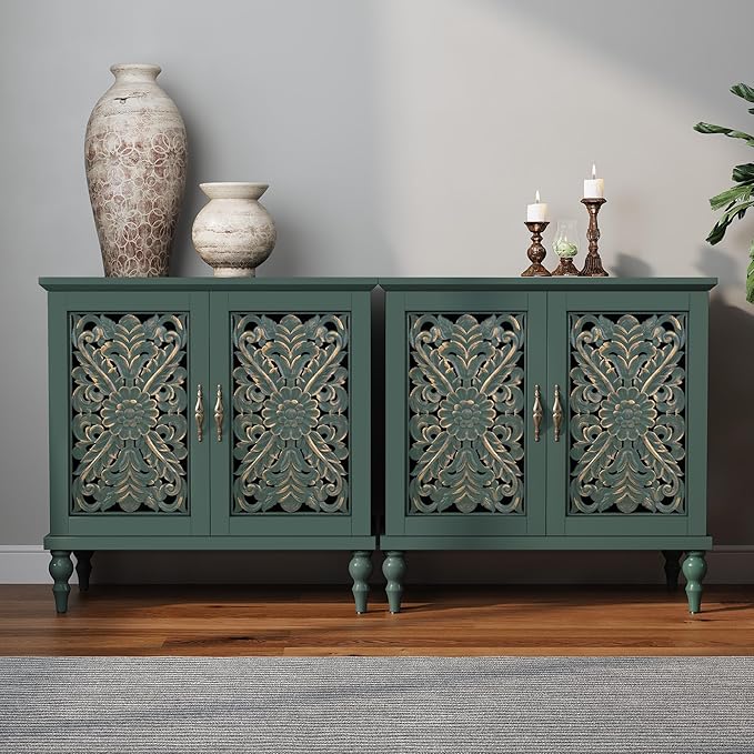 ARTPOWER Accent Cabinet with 2 Doors, Vintage Carved Wood Storage Cabinet