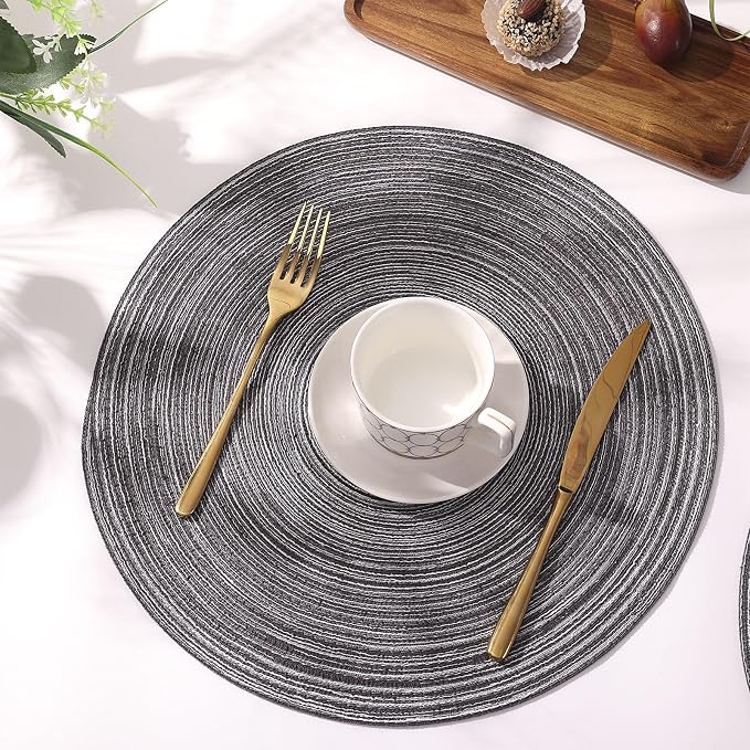 SHACOS Round Braided Placemats Set of 6 Round Table Mats 15 inch Cotton Washable for Holiday Party (Black Grey, 6)