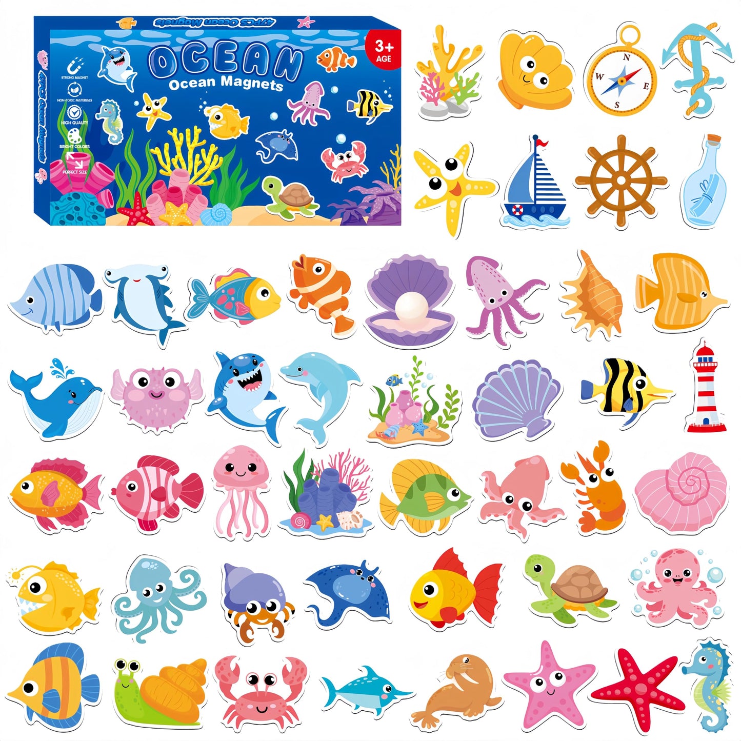 Fecheche Large Size Cute Fridge Magnets for Toddlers, Preschool Spelling Learning Education Refrigerador Magnetic Toy (Ocean 47pcs)