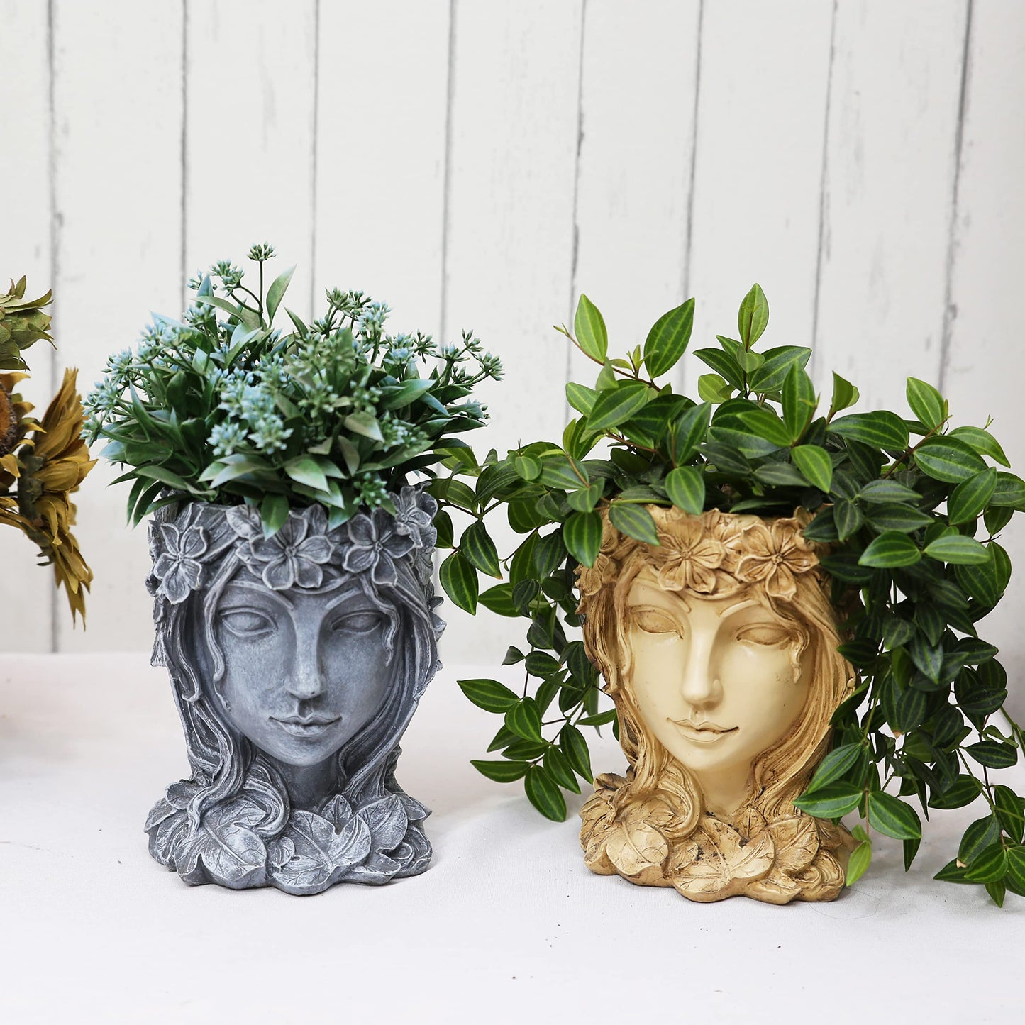 YANMILIA Head Planter Face Flower Pot Goddess Statue Plant Pot Decorative Girl Portrait Planter Indoor Outdoor Girl Face Flower Vase Container Planter (Beige)