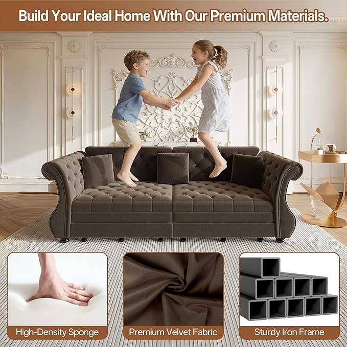 97.6" Oversized Pull Out Sofa Bed, Chesterfield Velvet Sleeper Sofa Couch