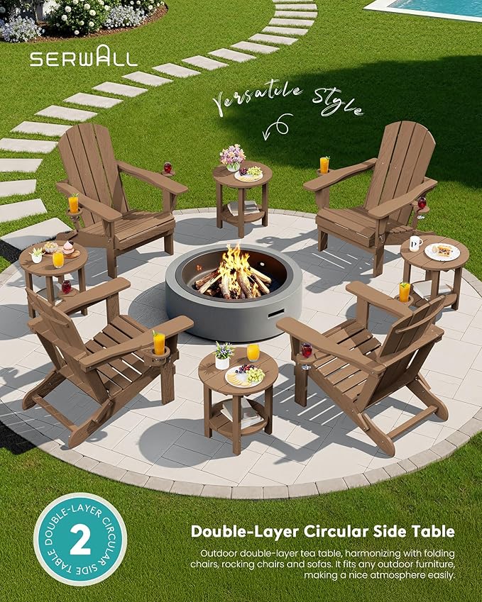 SERWALL Round Outdoor Side Table Set of 2, HDPE Small Adirondack Double End