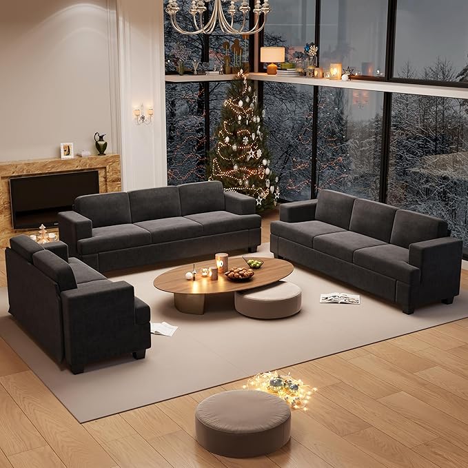 YOUDENOVA Sofa, 3 Piece Set Comfy Sofa, Loveseat & 2 3-Seater Couch