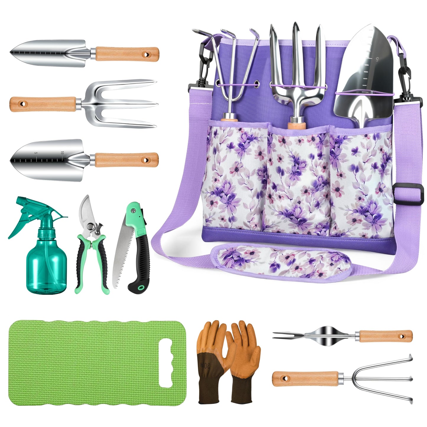 All-in-One Garden Tool Set, 11-Piece Heavy Duty Gardening Tools with Ergonomic Canvas Shoulder Crossbody Bag, Rust-Proof Premium Garden Tool Kit, Gardening Gift for Women Men (Purple)