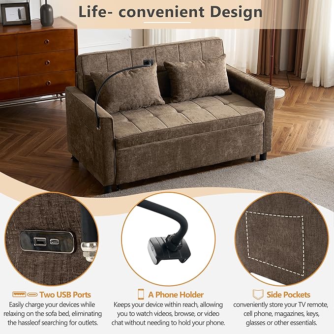 3 in 1 Convertible Sleeper Sofa Bed, 56.9" Small Pull Out Couch Bed