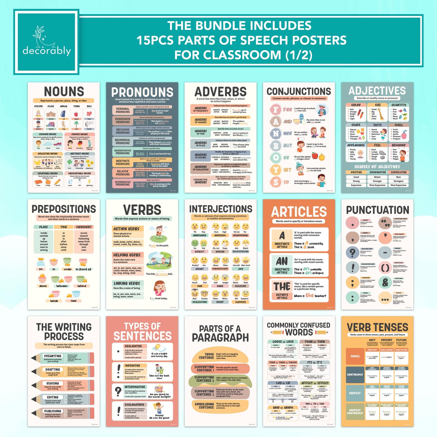 Decorably Parts of Speech Posters and Math Teacher Sayings Posters for Classroom