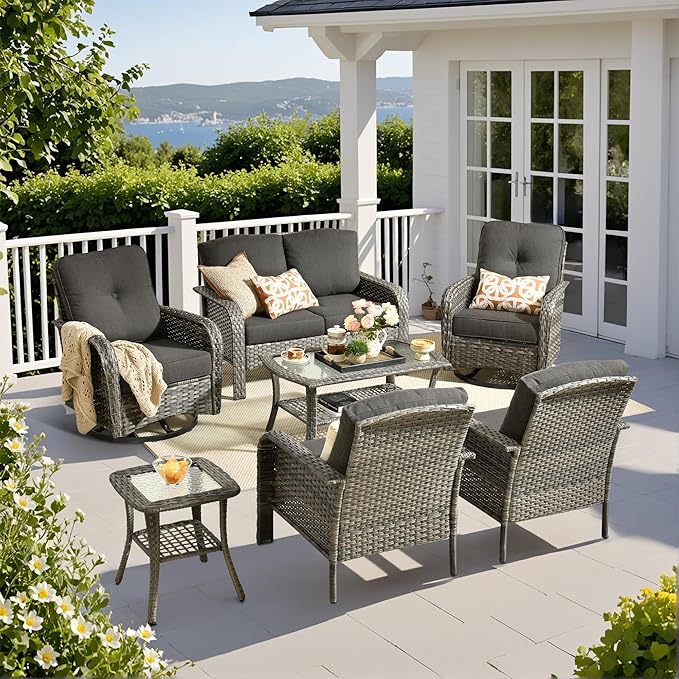 Weaxty 7 Pieces Patio Furniture Set, Wicker Outdoor Swivel Rocking Chairs