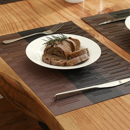 Leetaltree Brown with Black Striped Placemats Set of 6 - Heat Resistant Non-Slip Place mats for Dining Table, Washable Durable PVC Vinyl Woven Table Mats（Brown Stripe, 6）