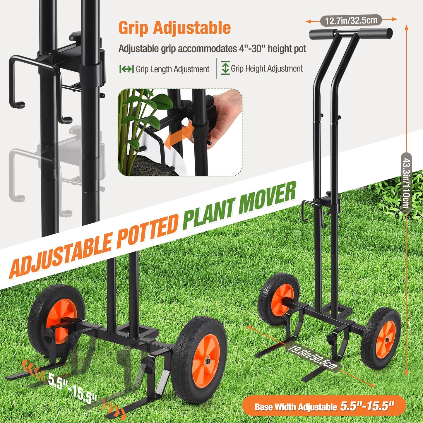 Plant Caddy with Wheels, Heavy Duty Plant Mover Cart with Adjustable Grabbing Arm and Strap, 175 LBS T-Handle Plant Dolly with Suction Cups for Plant Pots Garden Pot Trolley Indoor Outdoor Use, Black