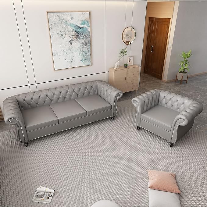 ORRD 2 Piece Living Room Set, Chesterfield Leather Sofa Loveseat Couch Chair