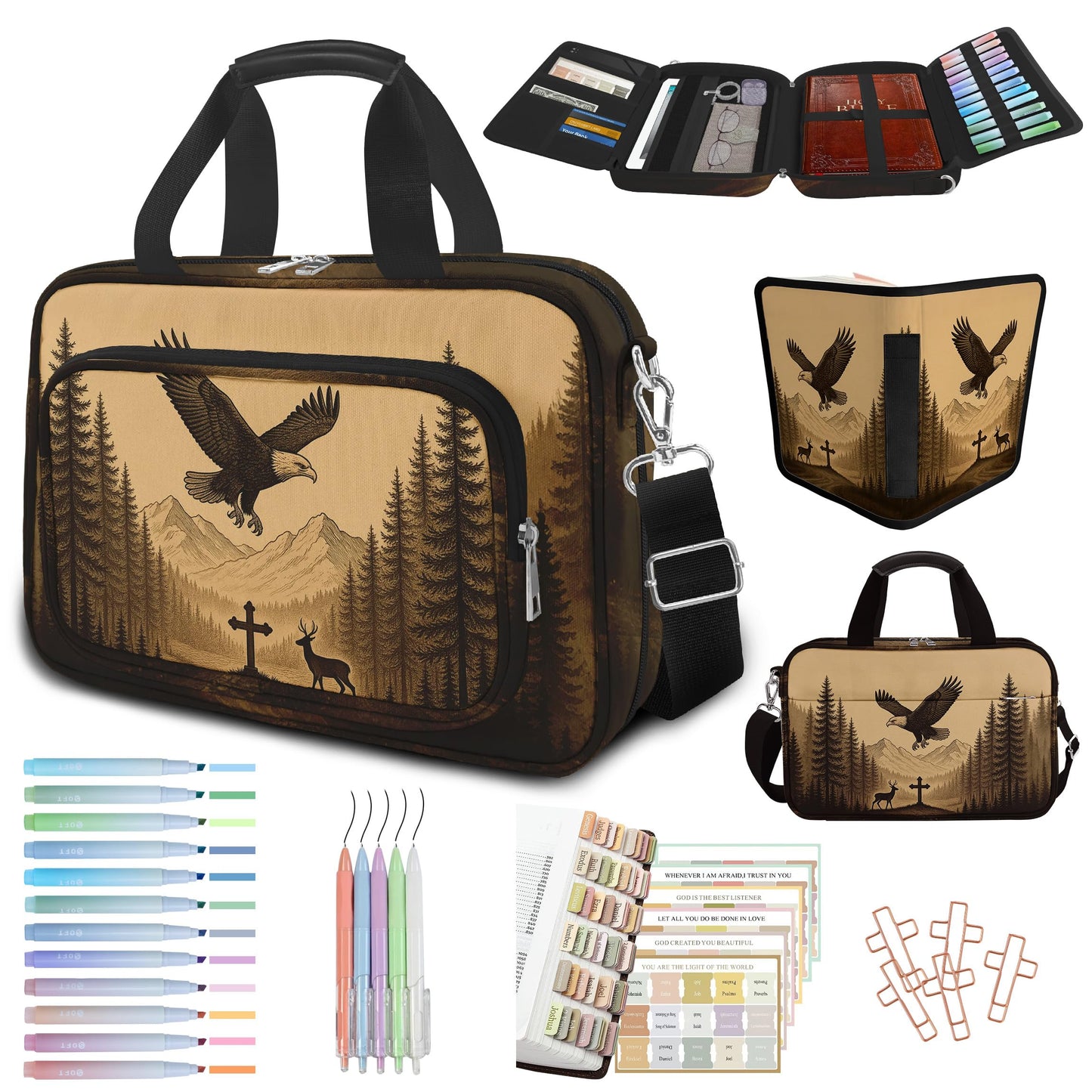 IBOVODI Eagle Large Bible Bag with Bible Cover Case for Men Women, Church Bag Book Carrying Case w/Shoulder Strap Handle Zipper Pocket, Bible Study Supplies Journaling Kit Accessories Christian Gift