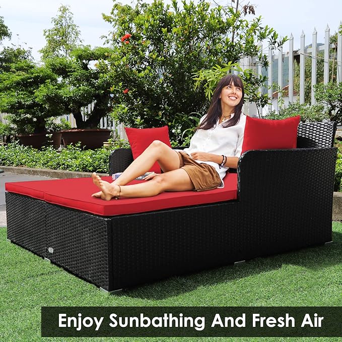 COSTWAY Outdoor Patio Rattan Daybed, Sponge Cushioned Loveseat Sofa