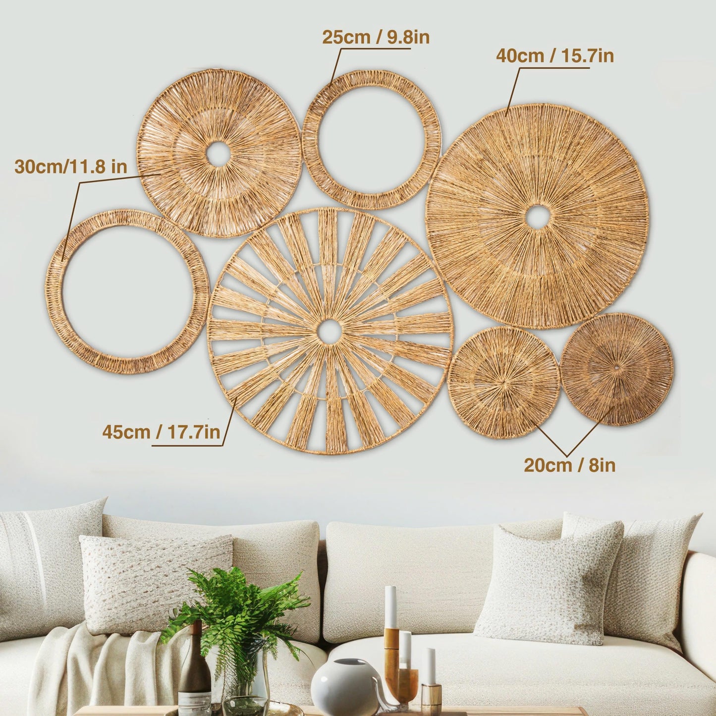 Xavia Handicrafts Set of 7 Boho Wicker Rattan Plate Basket For Décor Hanging Wall | Large Woven Farmhouse Rustic Bohemian Art Baket Hangings For Decorative Home, Bedroom, Living Room, Kitchen, Bathroom
