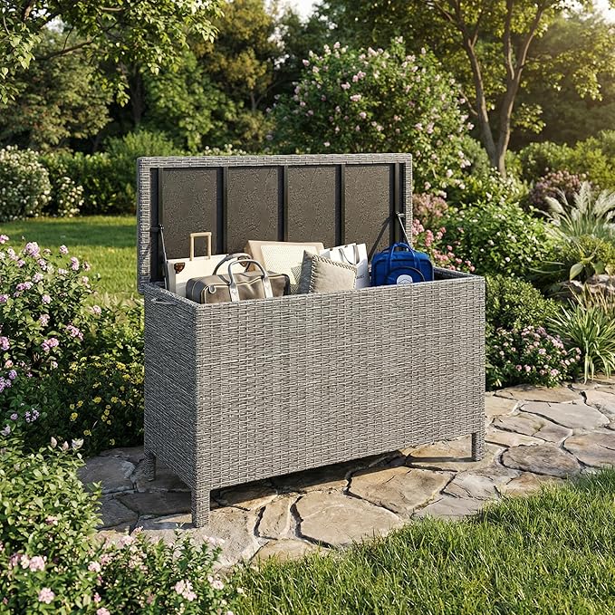 GarveeLife Medium Outdoor Wicker Storage Box, PE Rattan Patio Storage Chest