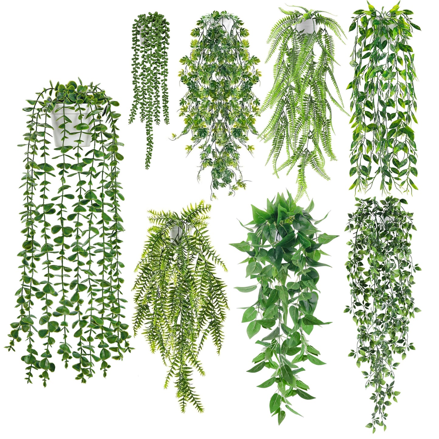 Der Rose 8Pcs Fake Plants Hanging Artificial Ivy Vine Faux Eucalyptus Hanging Plants for Home Boho Wall Shelf Indoor Outdoor Decor (White Pots)
