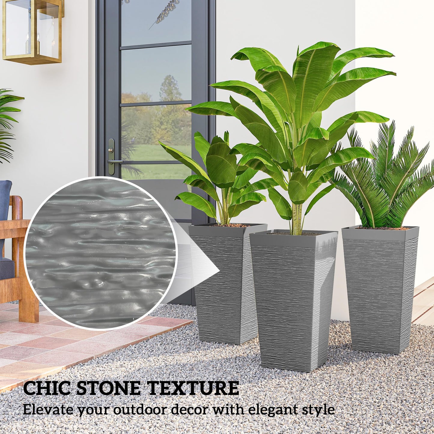 Outsunny 22.8 Inch Tall Planters for Outdoor Plants, Set of 3 Plastic Flower Pots with Stone Finish and Wheels, Stackable Tapered Planters with Drainage Hole for Indoor Plants, Front Porch, Gray