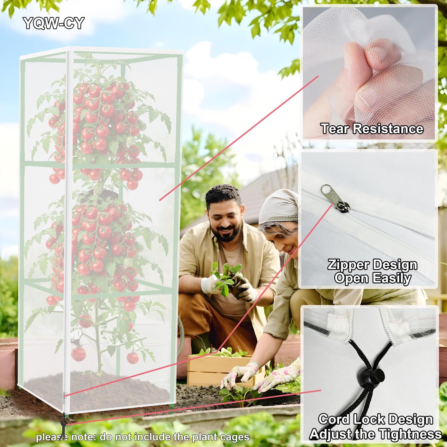 Garden Bird Netting Plant Cover for Square Tomato Cage, 59" x 17.7" Insect Barrier Tomato Cage Net with Zipper and Drawstring, Tomato Trellis Netting Protection Cover for Protecting Plant (3 Pack)