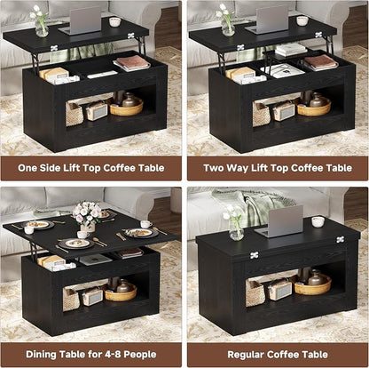 UNIQUITE 40" Lift Top Coffee Table, 4 in 1 Multi-Function Lift Coffee Tables with Storage and Hidden Compartment, Convertible Coffee Table to Dining Table for Living Room, Black