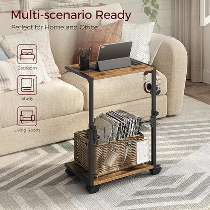PC Stand with Charging Station, Height Adjustable Computer Tower Stand, 19.7"-31.5" H, Computer Cart with Wheels and Hooks, CPU Holder for Floor, Carpet and Under Desk, Rustic Brown