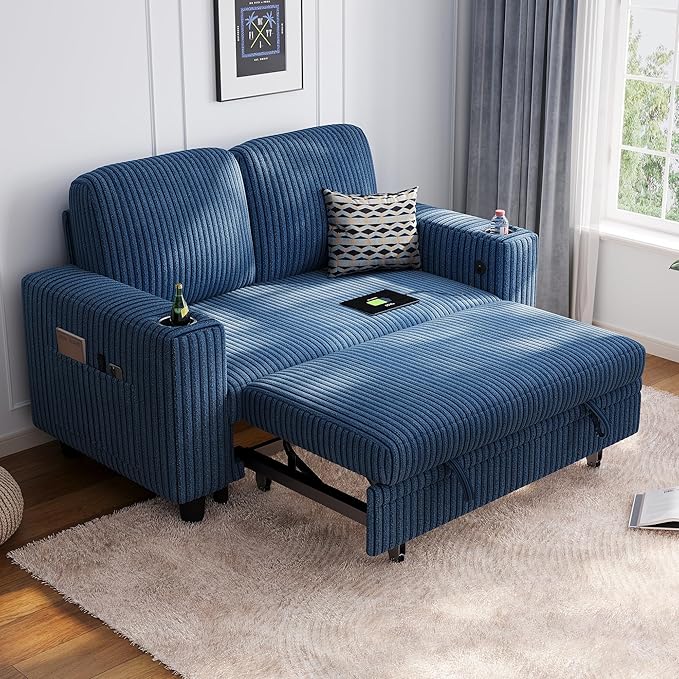 LINSY HOME Loveseat Sofa with Pull Out Couch Chaise: 2-in-1 Convertible 2