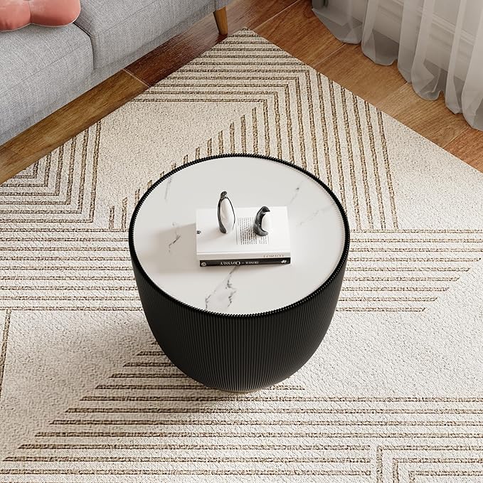 Black Round Side Table, 19.7" Faux Marble Fluted End Table
