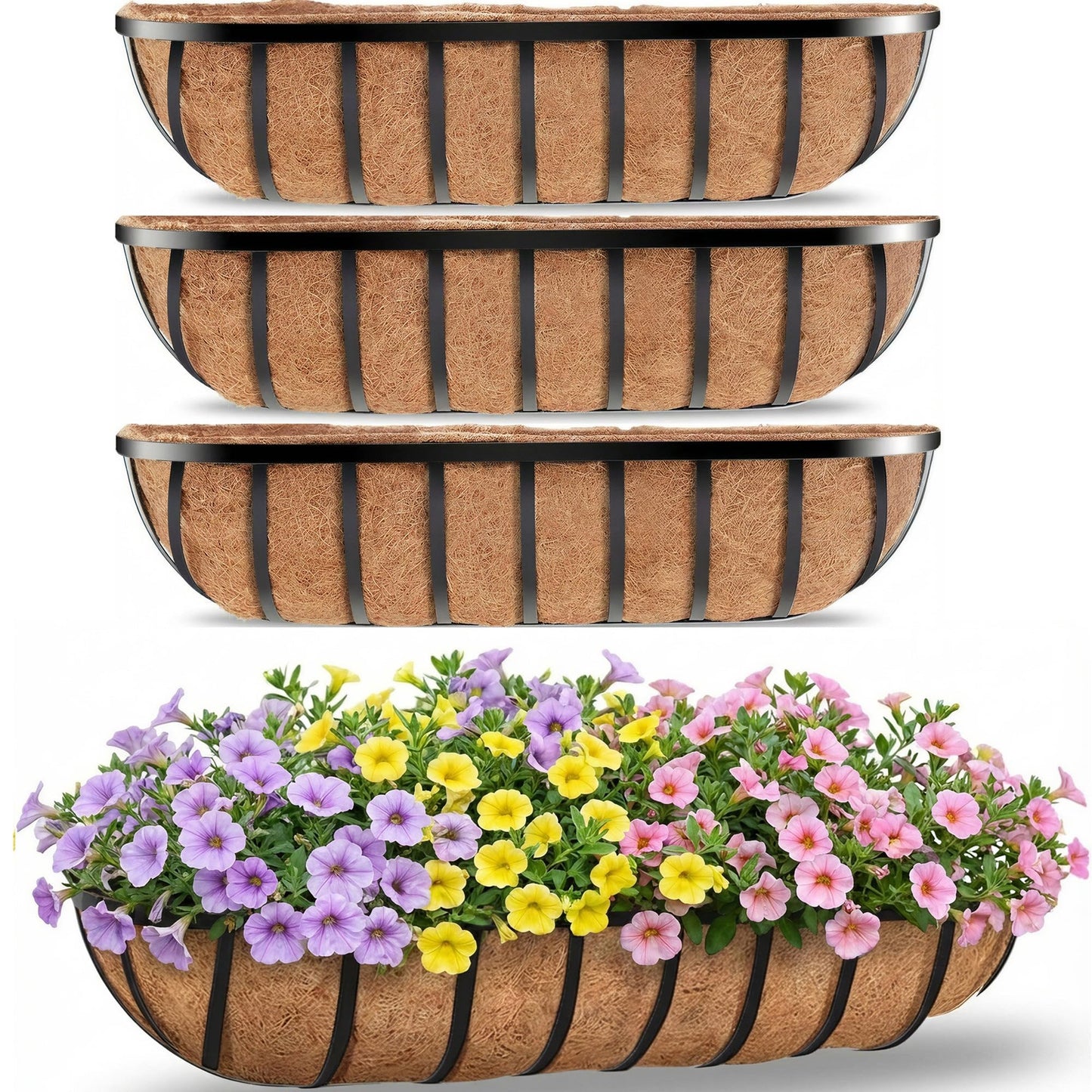 HFHOME 30" Deck Railing Planter Box with Horse Trough Coco Liners, Black Window Box Metal Hanging Flower Planters Baskets for Indoor, Outdoor, Balcony, Porch, Fence, Patio, and Lawn (Set of 4)