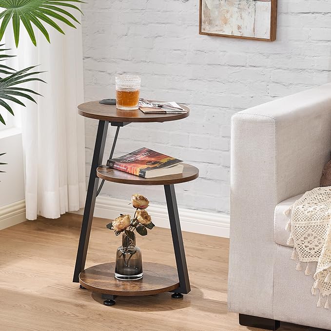 BEWISHOME Round End Table with Charging Station, Side Table Accent Nightstand