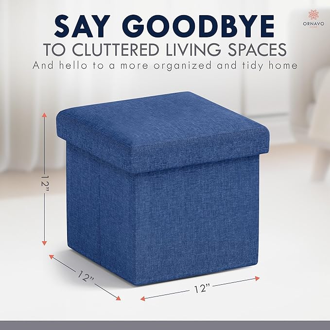 Ornavo Home Small Storage Ottoman Foldable Collapsible Cube Square Linen