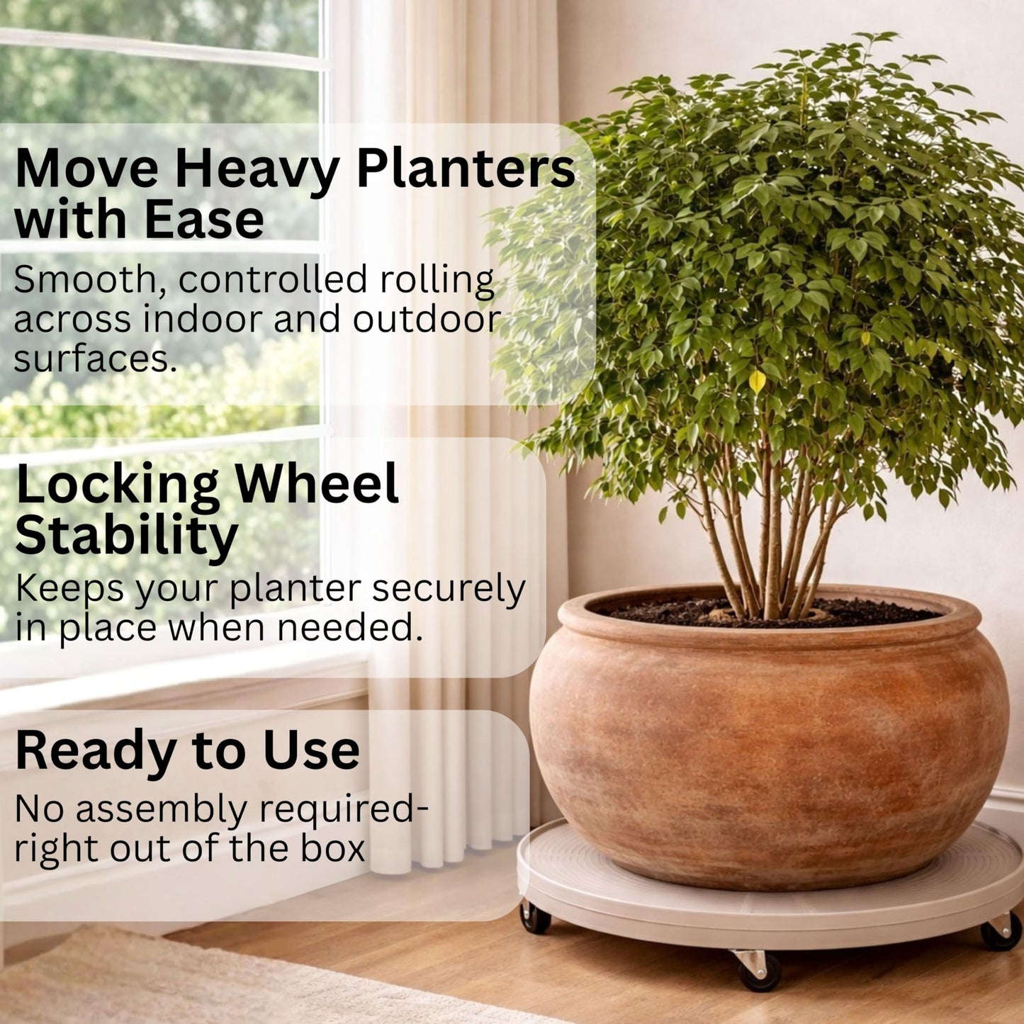DeVaultEnterprises 23.5" Rolling Plant Caddy with Wheels, Heavy Duty Plant Pot Stand with Casters & Locking Wheel, Indoor Outdoor Planter Base for Pots, Round Plant Tray, Terracotta
