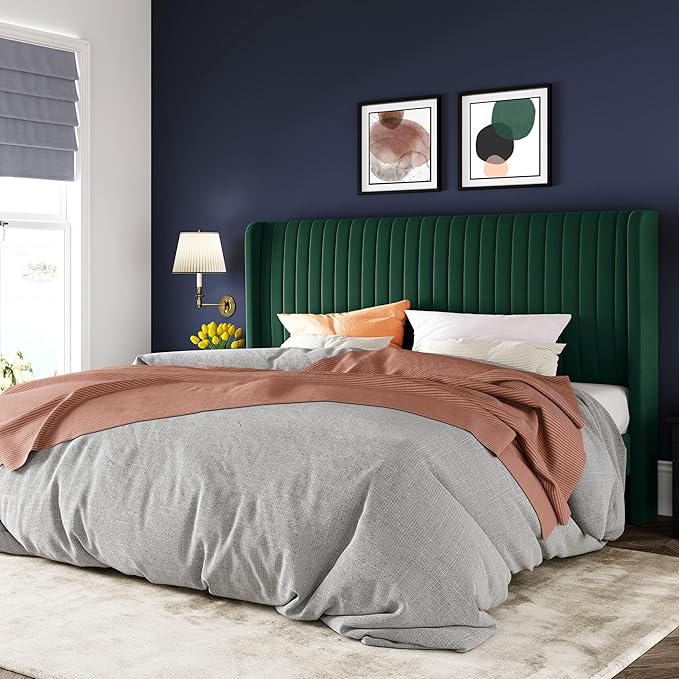 Allewie King Size Bed Frame/Velvet Upholstered Platform Bed/Vertical Channel