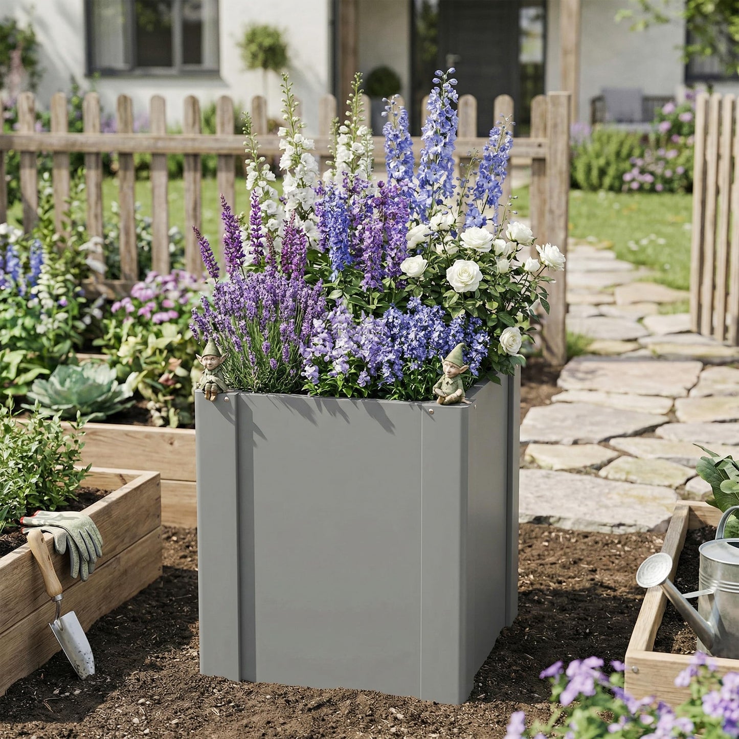Outsunny Galvanized Tall Outdoor Planter Metal Square Large Planter Box with Open Bottom and Gloves for Vegetables, Flowers, Herbs, Outdoor Plants, 1.4 x 1.4 x 1.5 ft, Gray