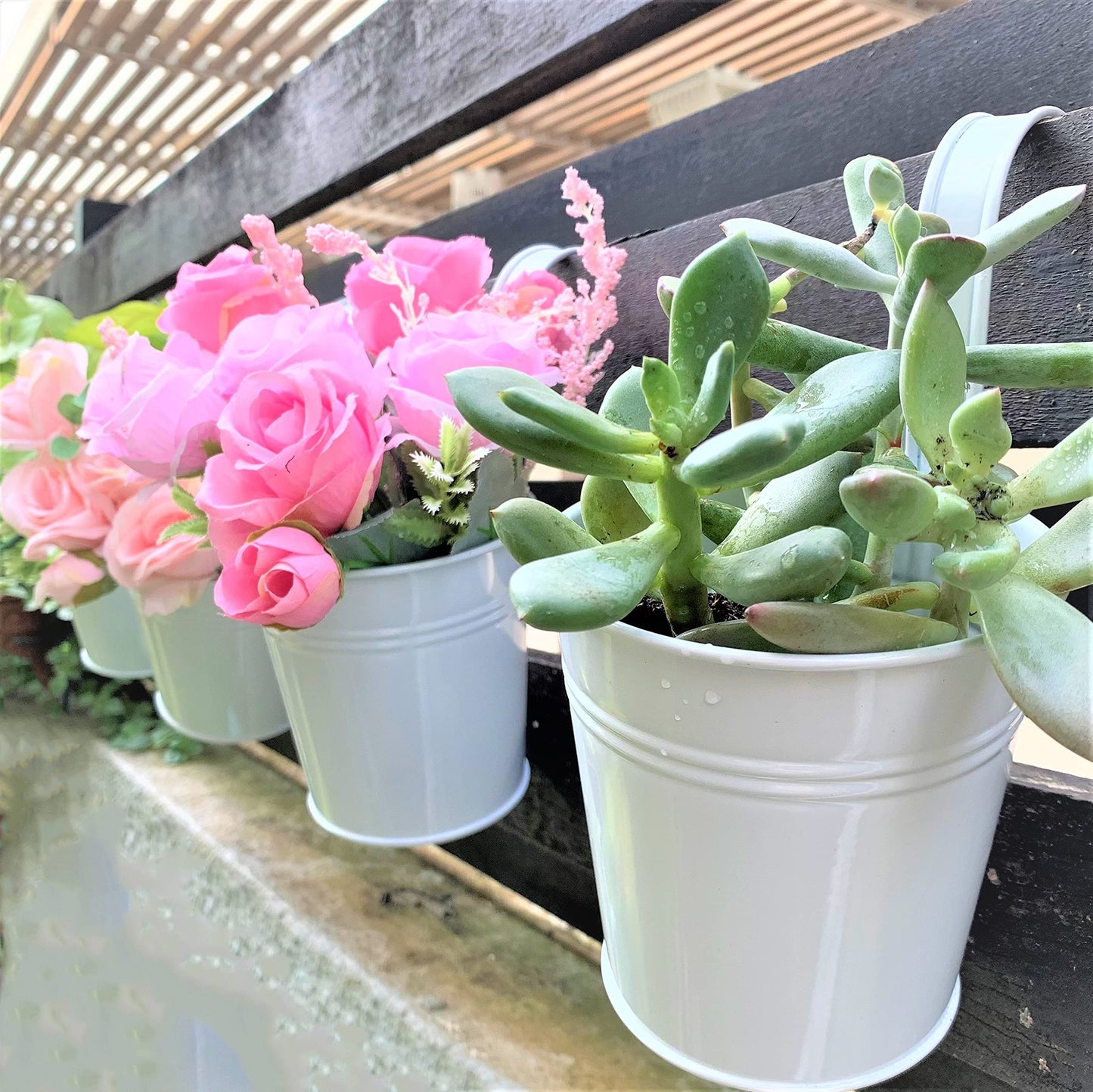 LaLaGreen Bundle - 6" x 10 Pack + 4" x 10 Pack White Metal Iron Hanging Flower Pots Balcony Railing Herb Garden Bucket Fence Planter for Outdoor Plants Flower Deck Rail Porch Window Box Hooks