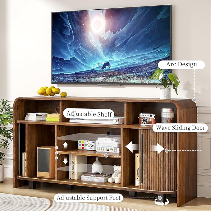 Small Fluted TV Stand for Bedroom, Mid Century Modern Media TV Console for 55