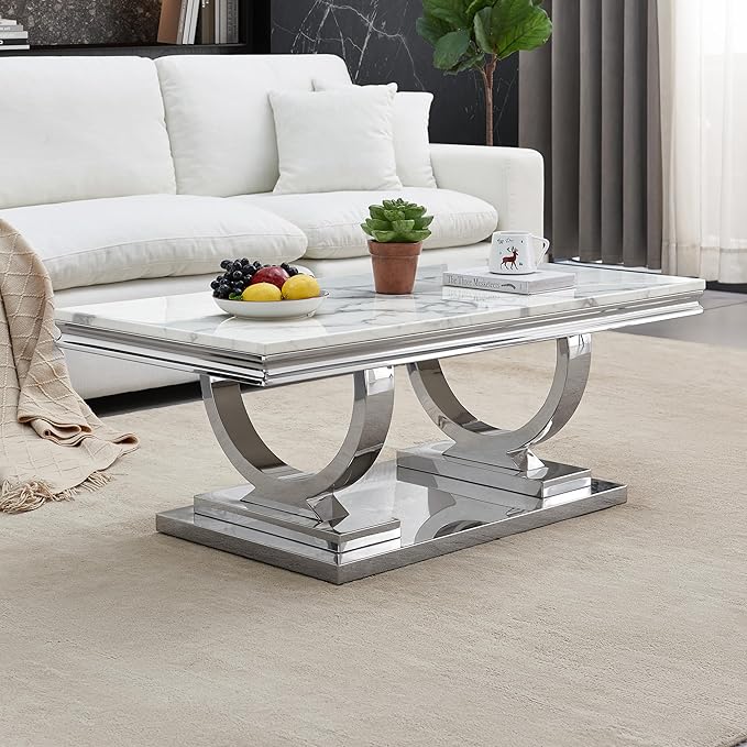 Henf 47" Marble Coffee Table Modern White Faux Marble Center Table