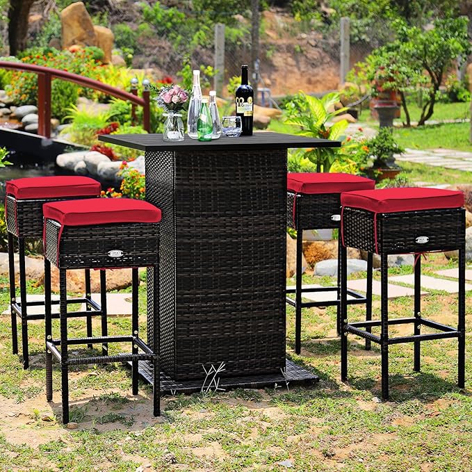 Tangkula 5 Piece Outdoor Rattan Bar Set, Patio Bar Furniture
