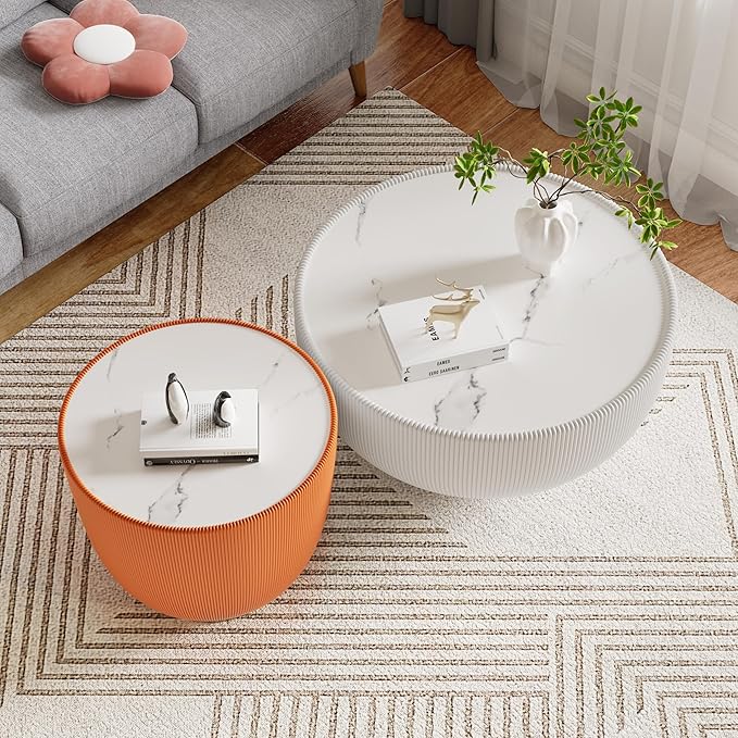 Round Marble Coffee Table Set of 2, 2 Piece Coffee Table and End Table