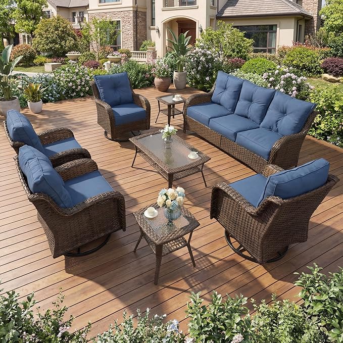 Patio Furniture Set, High Back Rattan Sofa & Swivel Rocker Chairs, Weather