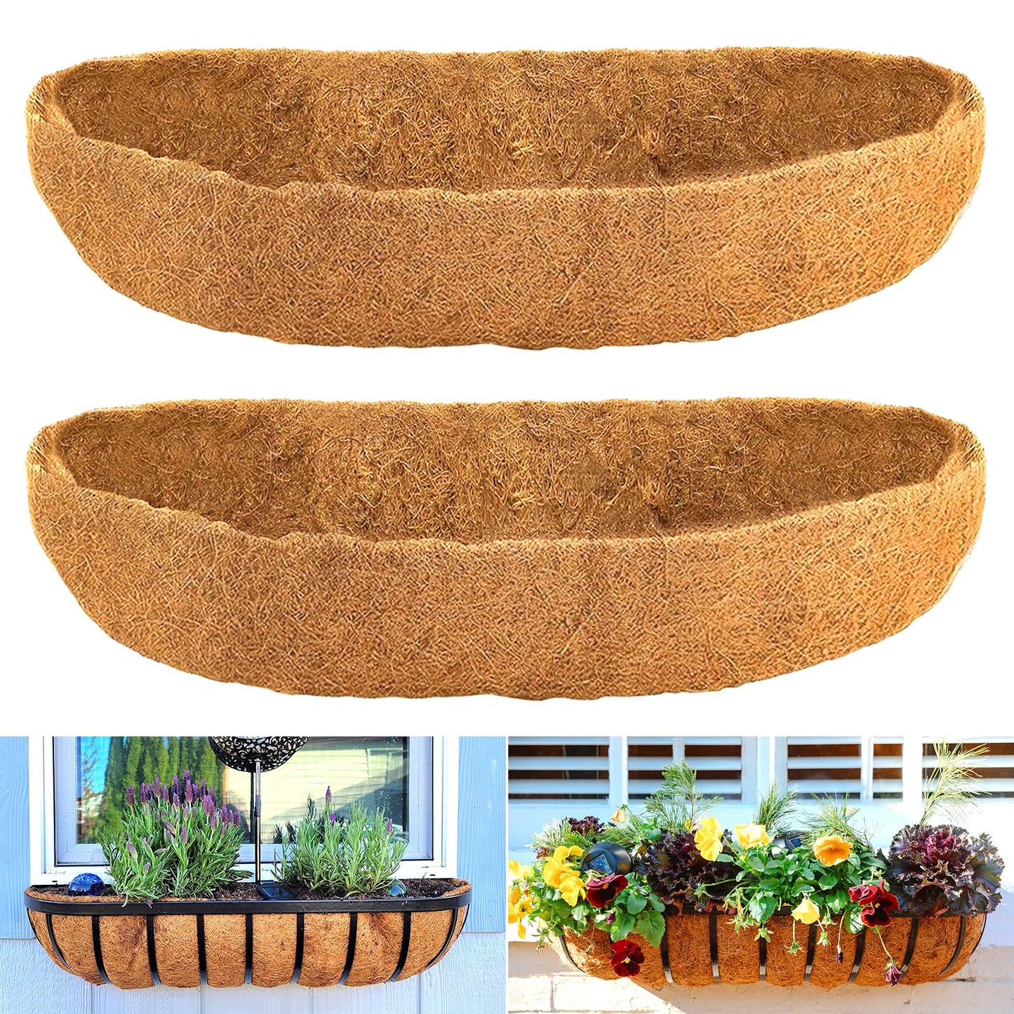 LCHUANG Coco Liners for Planters - 2 Pack 24 Inch Trough Coconut Liners for Planters, Window Box Coco Liners, 100% Natural Coconut Fiber Liners for Wall Hanging Basket, Window Box, Fence Baskets
