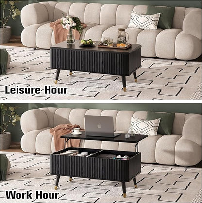 JOINICE Lift Top Coffee Table with Storage, Modern Black Fluted Design, Pop-Up Center Table with Hidden Compartment for Living Room & Home Office Work/Dining
