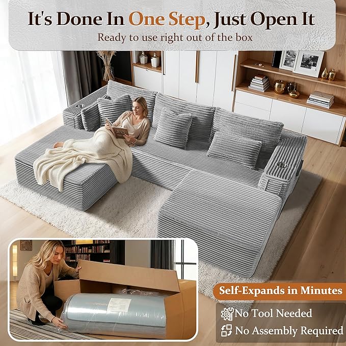 108" Oversized Cloud Sectional Couch, Comfort U Shaped Boneless Couch