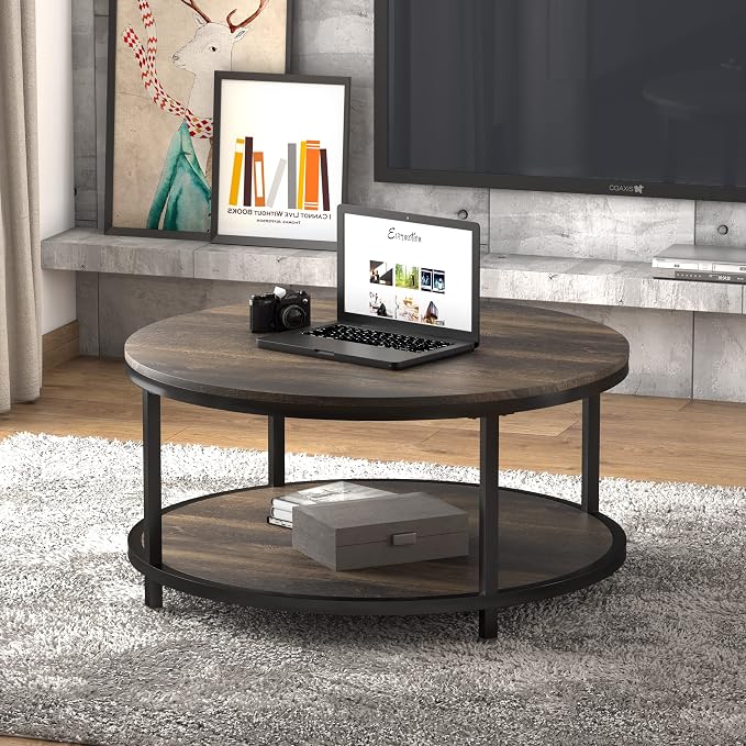 NSdirect 36 inches Round Coffee Table, Rustic Wooden Surface Top & Sturdy Metal Legs Industrial Sofa Table for Living Room Modern Design Home Furniture with Storage Open Shelf(Rustic Brown)