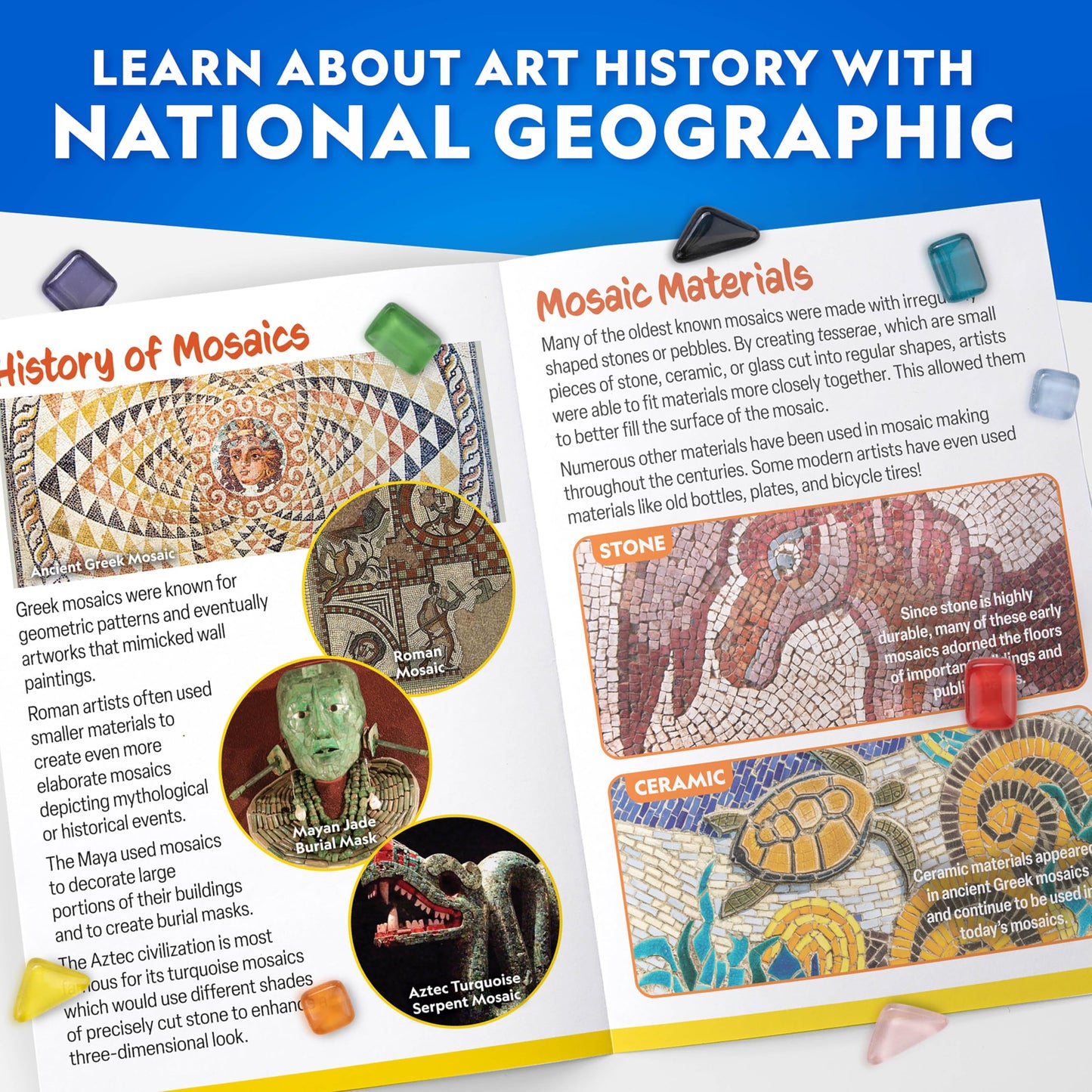National Geographic Mosaic Arts and Crafts Kit for Kids - Mosaic Kit for Creating 3 Glass Tile Mosaic Art Projects, Includes Glass Tiles, Templates, Plaster & More, Art Supplies, Mosaic Kits for Kids
