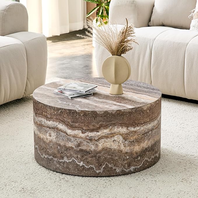 Round Coffee Table, 23.6" Modern Grey Faux Marble Drum Coffee Table, Round