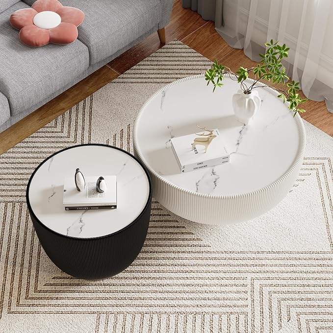 Round Marble Coffee Table Set of 2, 2 Piece Coffee Table and End Table